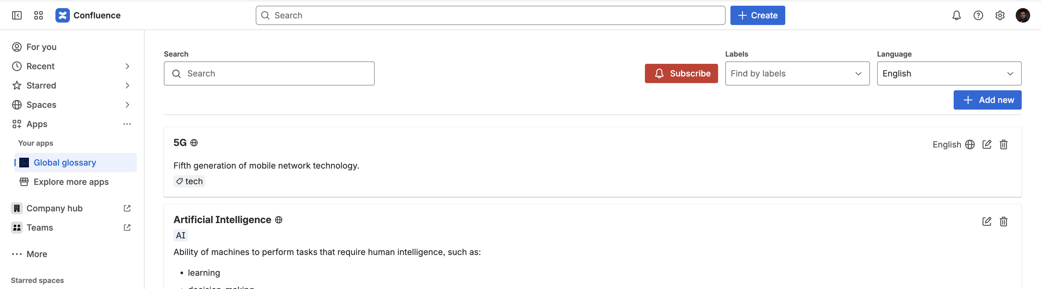 Global glossary main page (Global Page) screenshot