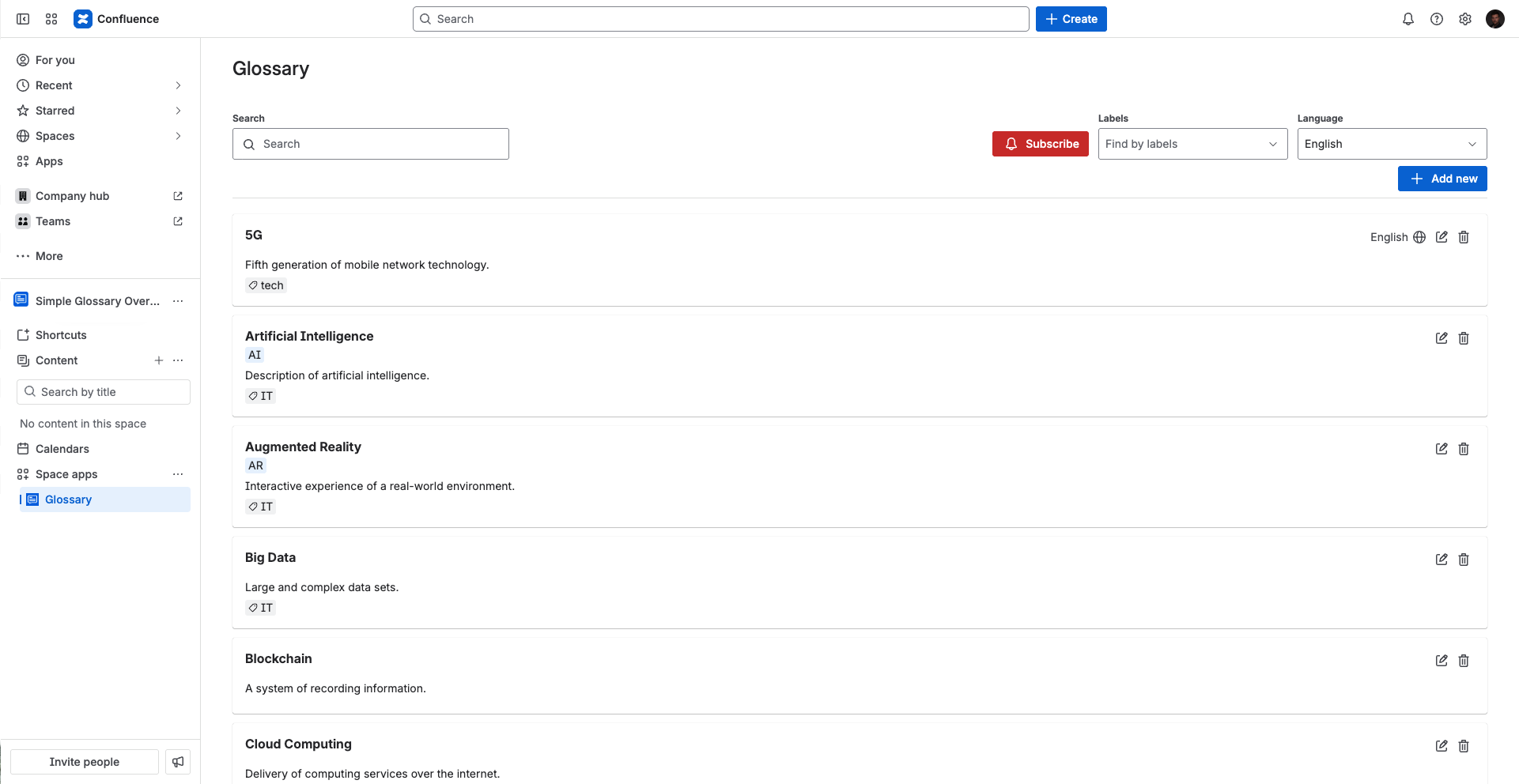 Glossary main page (Space Page) screenshot