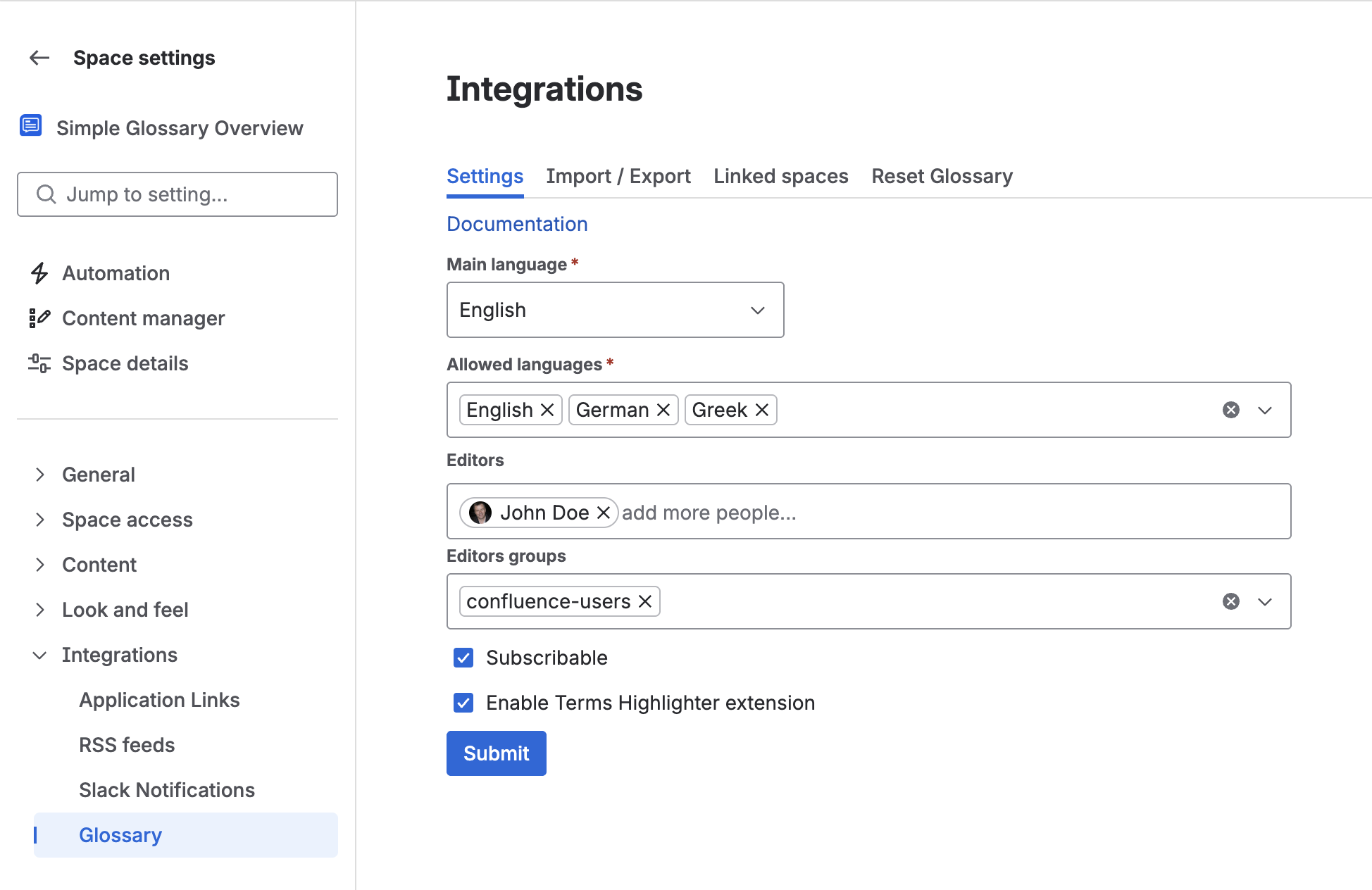 Space settings screenshot