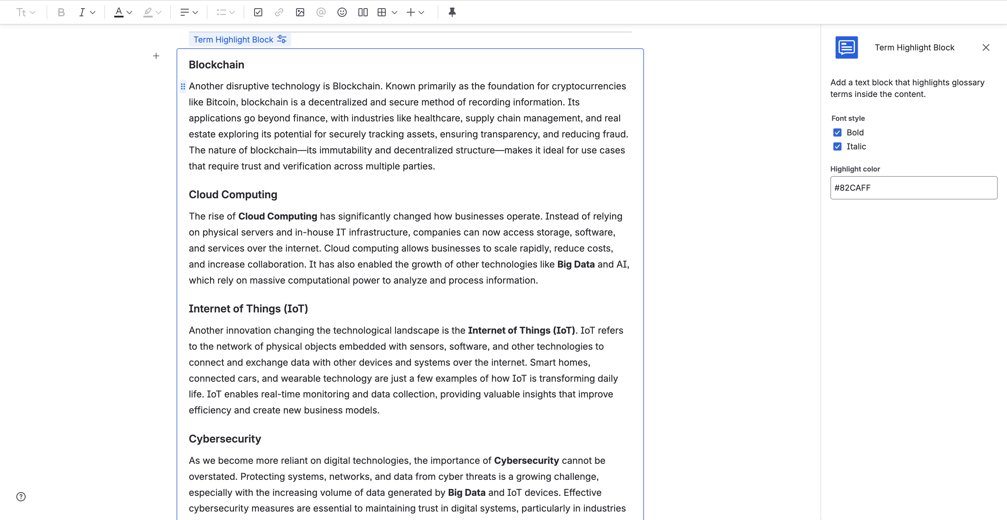 Term Highlight Block settings with Macro Configuration Panel - screenshot