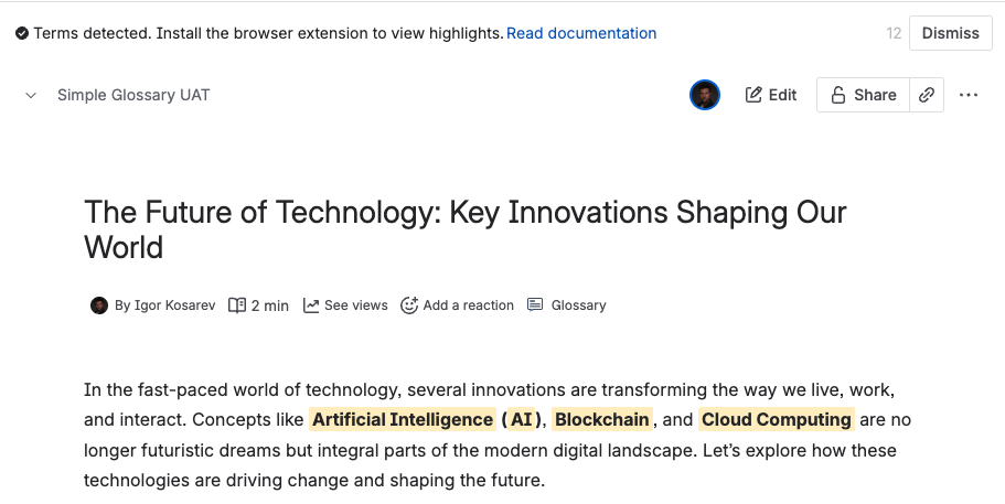 Glossary terms detection banner screenshot
