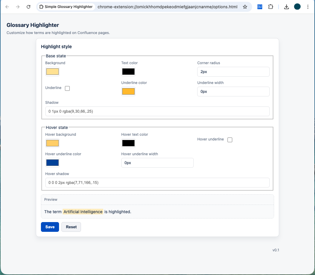 Chrome extension Options screenshot